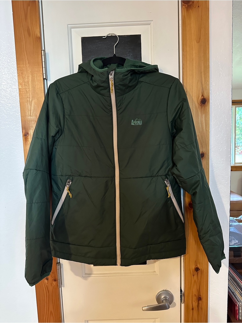 REI Trailmade Hooded Puffer Jacket in Forest Green with Yellow Zippers